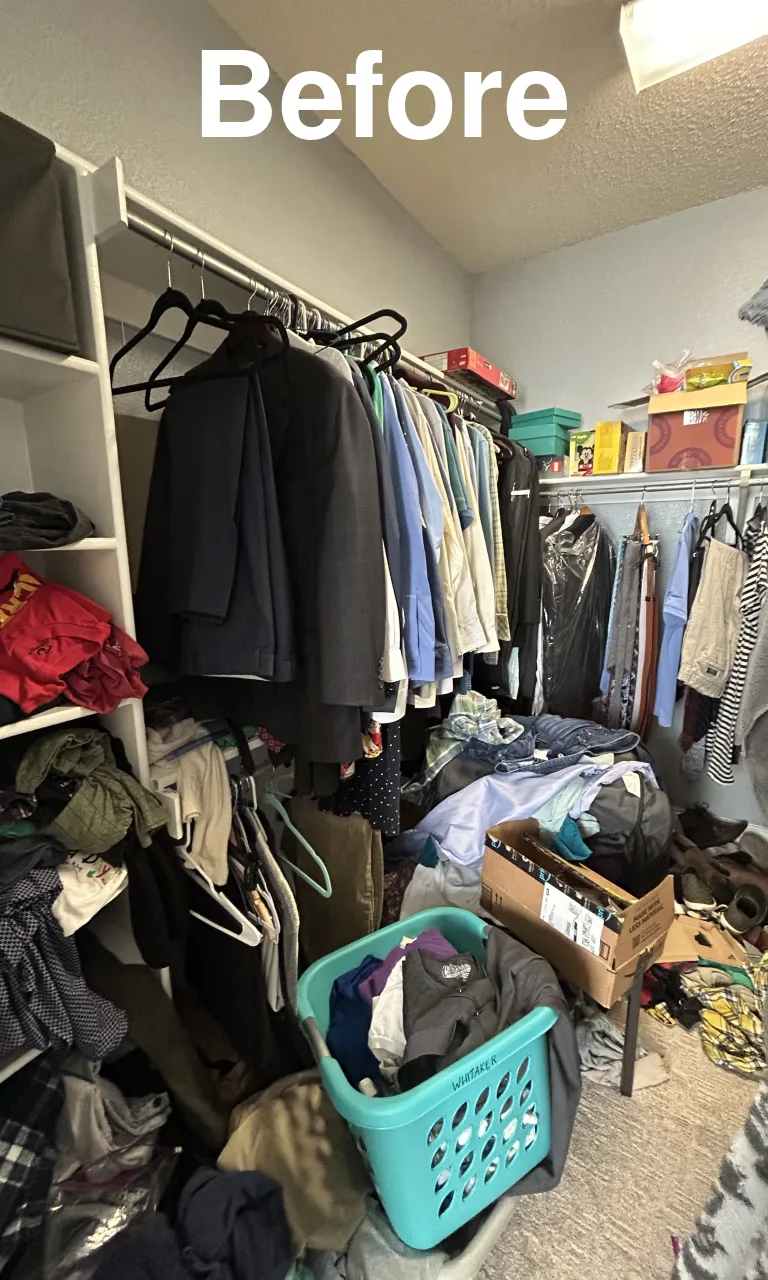 Walk-in closet with double-hung rods and luggage shelf before and after - Before