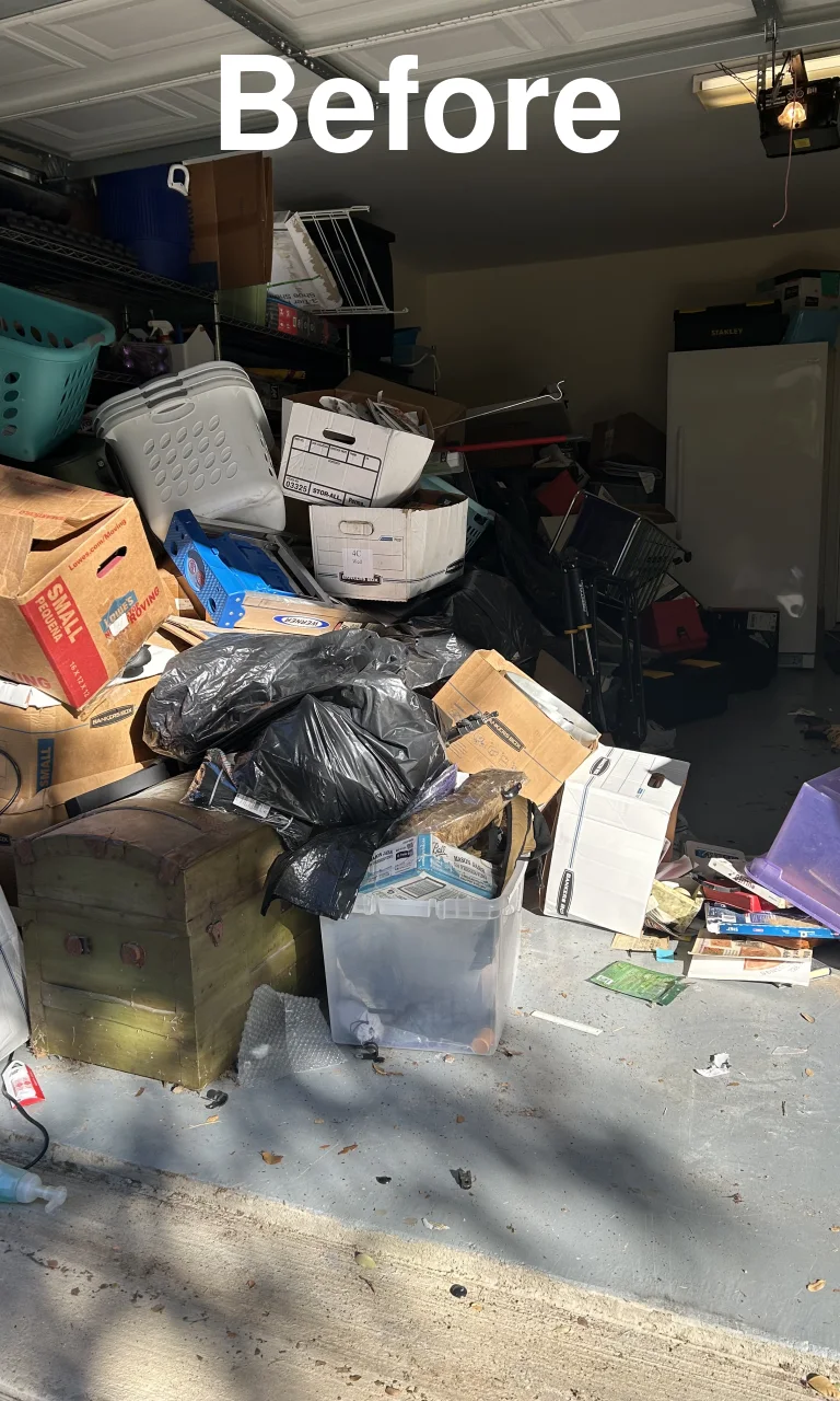 Garage with wire shelving and storage bins before and after - Before