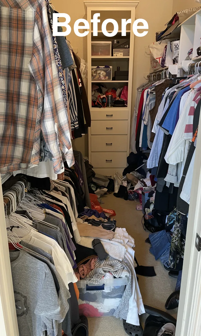 Walk-in closet with categorized clothing and center shelving before and after - Before